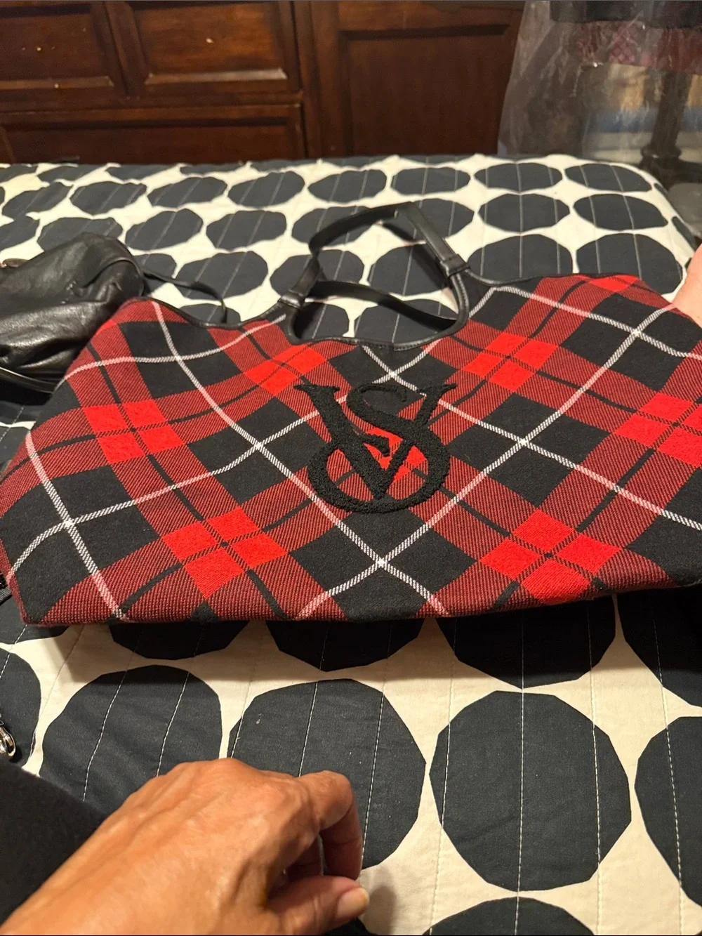 Victoria's Secret Red and Black Plaid Duffel with Signature Monogram